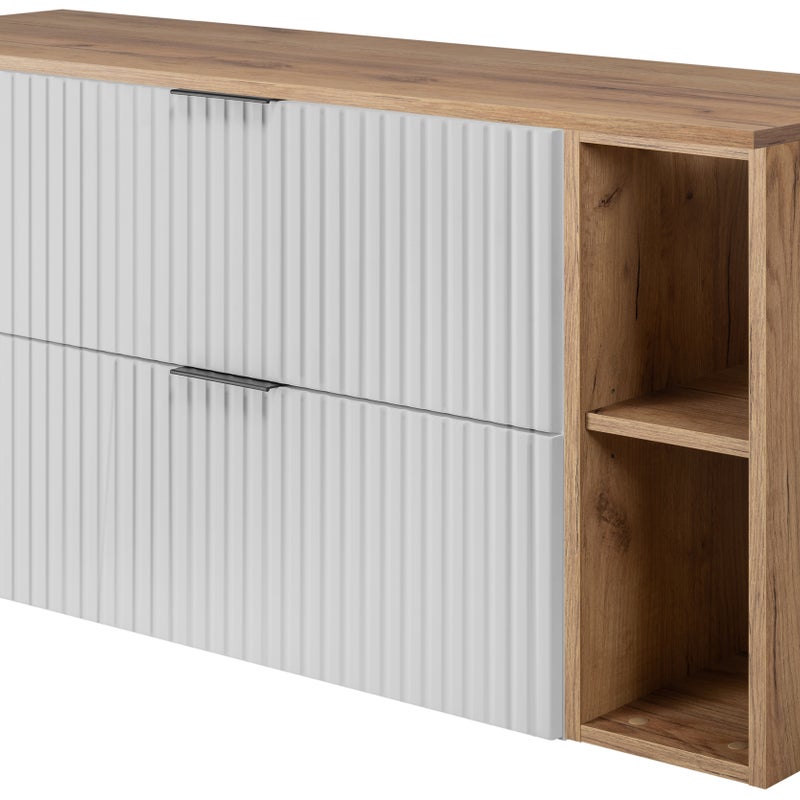Szafka łazienkowa FLOW 120 cm biała z regałami dąb craft blat ryflowany front