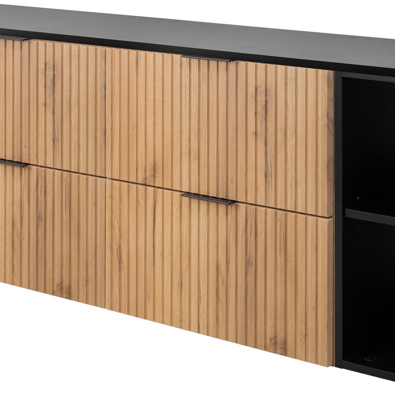 Szafka łazienkowa FLOW 160 cm dąb craft z regałami czarna blat ryflowany front