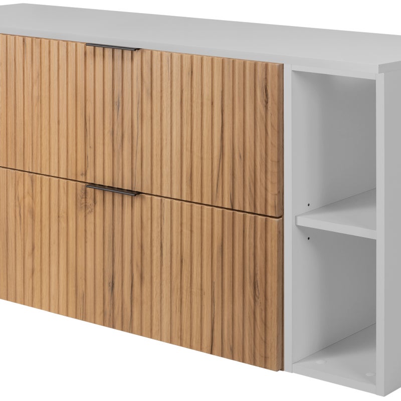 Szafka łazienkowa FLOW 120 cm dąb craft z regałami biała blat ryflowany front