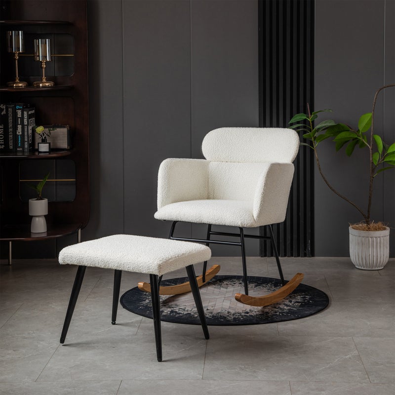 Biały fotel bujany, wysokość 82 cm, szerokość siedziska 45 cm - z podnóżkiem (52*41*40 cm), solidna rama z drewna kauczukowego ze stopniami