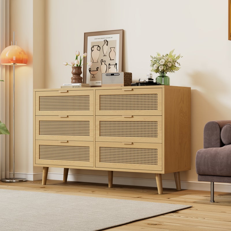 Komoda z 6 szufladami rattanowymi - 120 x 40 x 76,5 cm - Płyta wiórowa + uchwyty metalowe - Dąb
