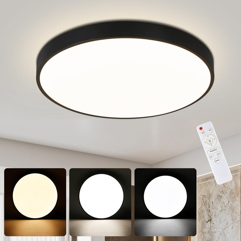 NETTLIFE Ściemnialna lampa sufitowa LED z pilotem 36W lampa łazienkowa czarna IP44 wodoodporna płaska 37cm okrągła