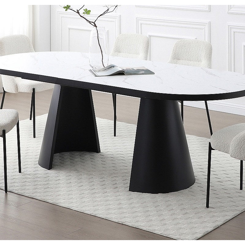 Stół do jadalni rozkładany dla 6 do 10 osób z MDF i metalu - Efekt białego marmuru i Czarny - KORIZEA