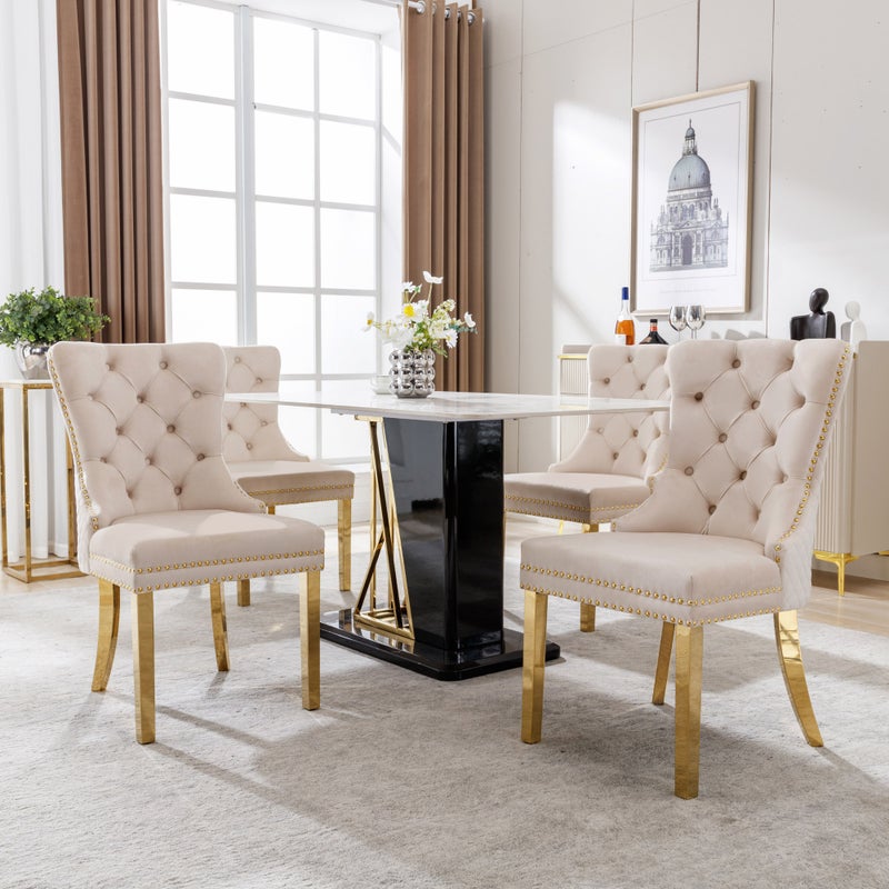 Krzesła do jadalni (krzesła kuchenne, krzesła do salonu z wyjątkowymi kołatkami z tyłu, 4 sztuki), beżowe/złote