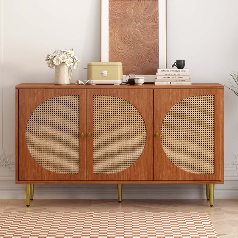 Komoda z 3 rattanowymi drzwiczkami, metalowymi nogami i regulowanymi półkami - szafka do przechowywania w salonie (129,8x40x76 cm)