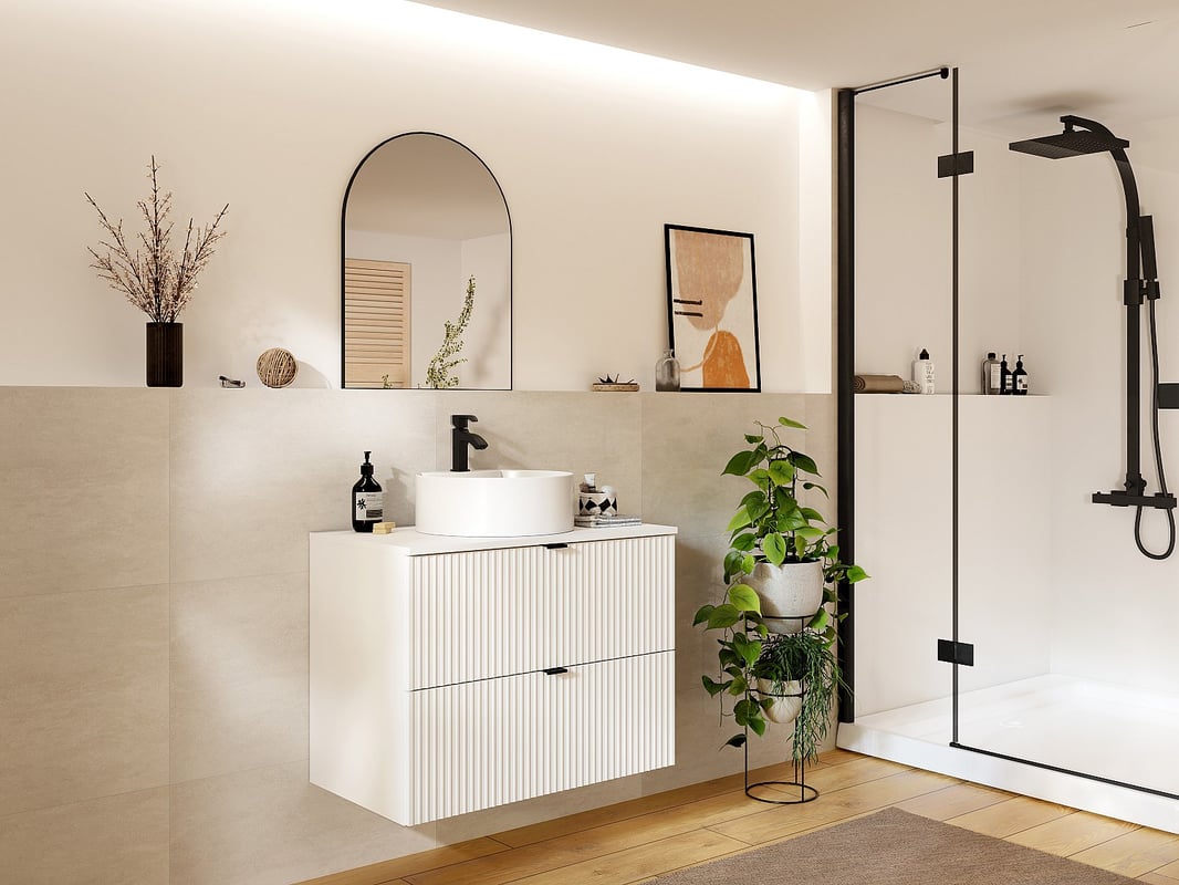 Szafka łazienkowa wisząca ryflowana z okrągłą umywalką nablatową - Biały mat - 80 cm - ZEVINI