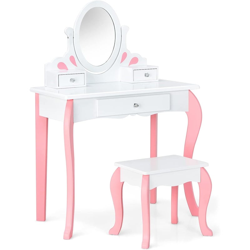 Toaletka dla Dzieci z Obrotowym o 360° i Zdejmowanym Lustrem, Zestaw Toaletki z Wygodnym Stołkiem, Stolik do Makijażu z 3 Szufladami (Biały)
