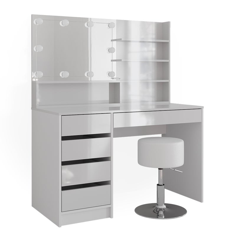 Vicco Stół do toalety Sherry, Biały, 120 cm z oświetleniem LED, stołkiem i półką z lustrem