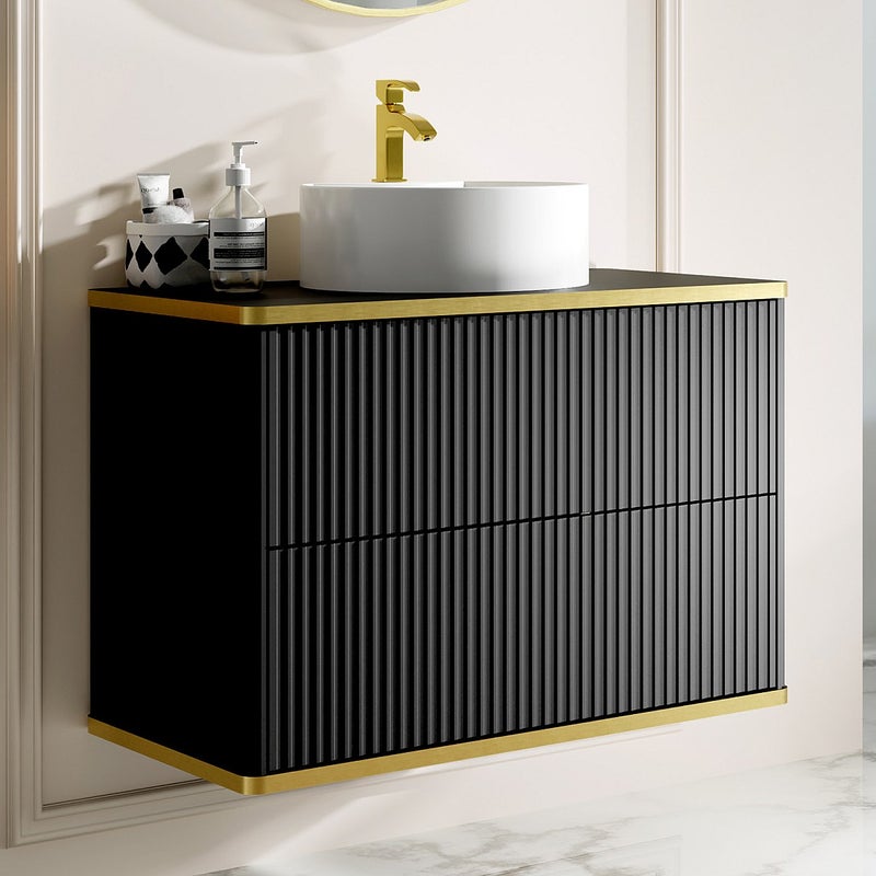 Szafka łazienkowa wisząca ryflowana ze złotą listwą i okrągłą umywalką nablatową - Czarny - 80 cm - KELIZA