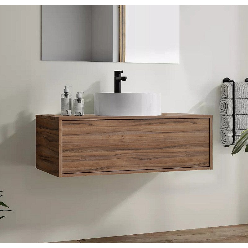 Szafka łazienkowa wisząca naturalna ciemna z okrągłą umywalką - 94 cm - TEANA II