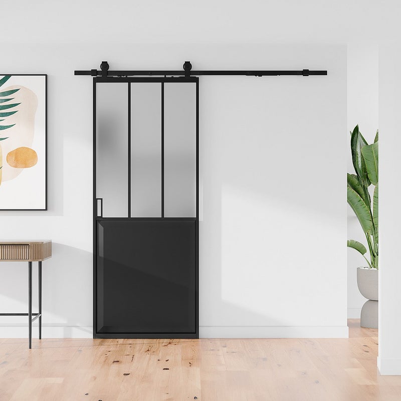 Drzwi przesuwne industrialne naścienne - Czarny i matowe szkło hartowane - wys. 205 cm x szer. 63 cm - ARTISTO II