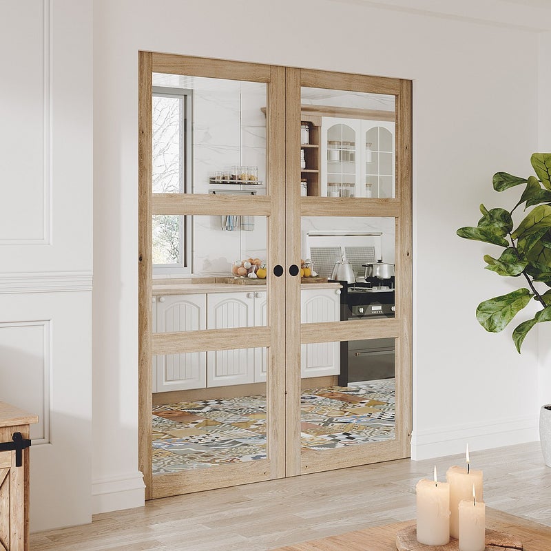 Drzwi przesuwne podwójne chowane w ścianie z drewna i szkła hartowanego - 3 okna - 2 x wys. 205 x szer. 93 cm - ACOSTA II