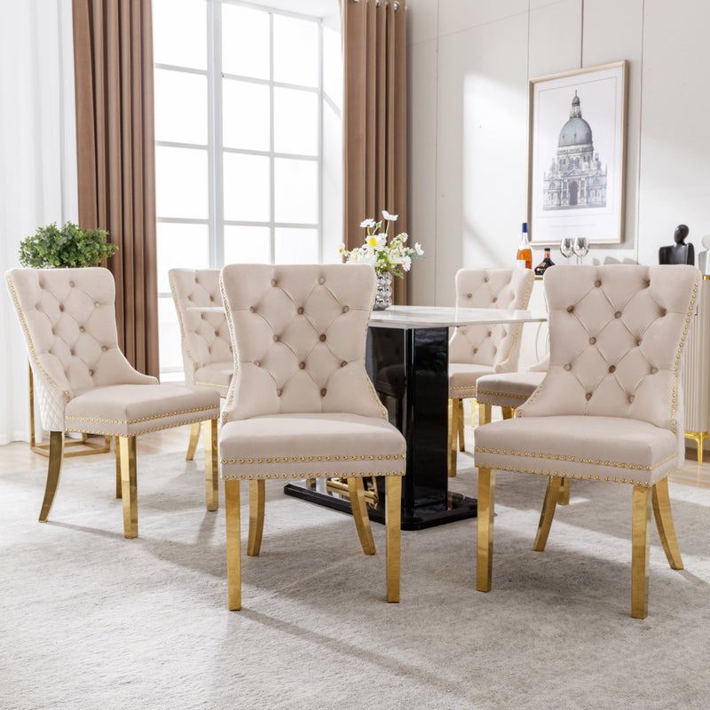 Krzesła do jadalni (krzesła kuchenne, krzesła do salonu z wyjątkowymi guzikami z tyłu, 6 sztuk), beżowo-złote