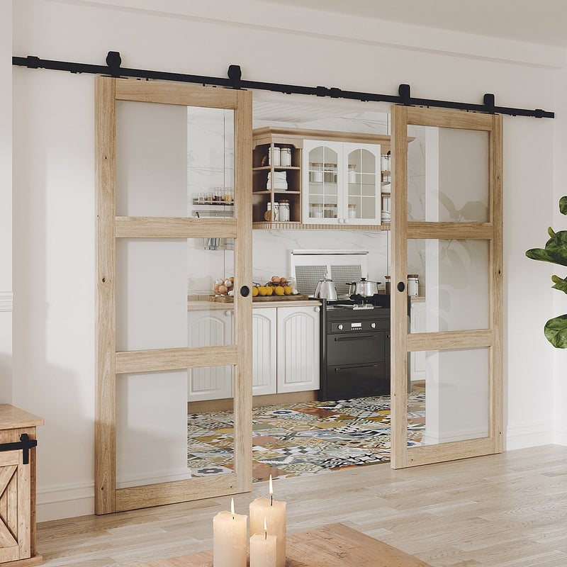 Drzwi przesuwne podwójne naścienne z drewna i szkła hartowanego - 3 okna - 2 x wys. 205 x szer. 93 cm - ACOSTA II