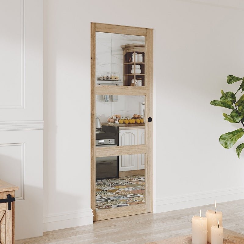 Drzwi przesuwne chowane w ścianie z drewna i szkła hartowanego - 3 okna - wys. 205 x szer. 73 cm - ACOSTA II