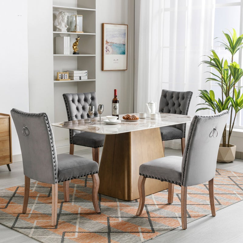 Krzesła do jadalni (krzesła kuchenne z pojedynczym oparciem, 4 sztuki), nogi z litego drewna, tapicerka welurowa, kolor szary