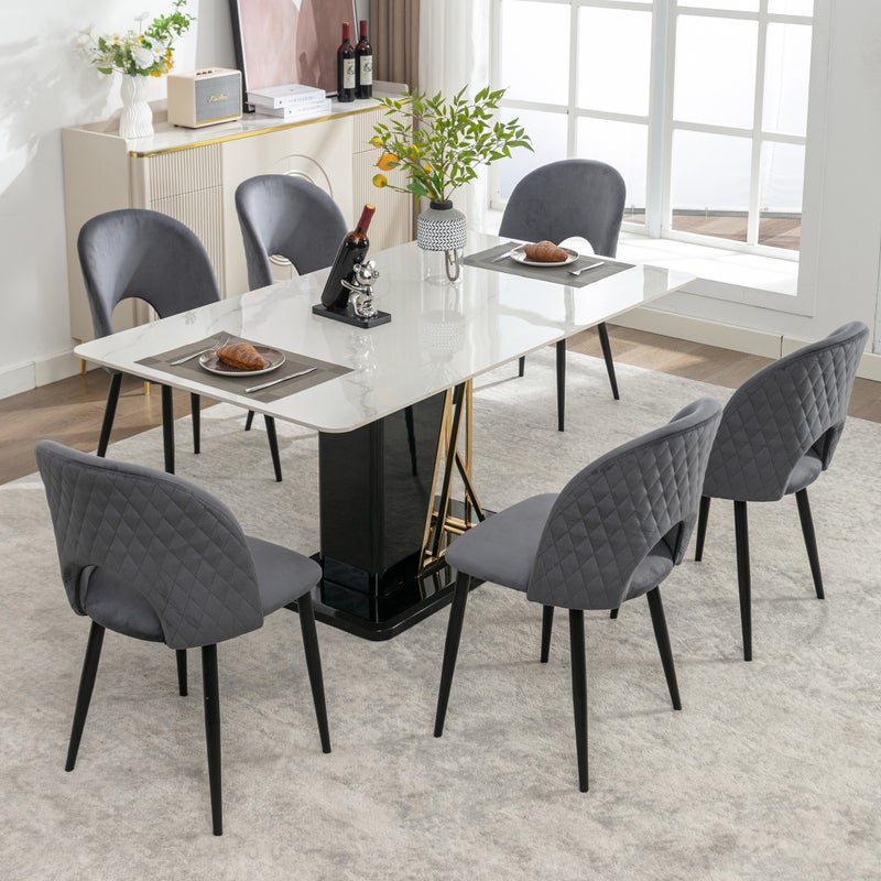 Krzesła do jadalni (6 sztuk), tapicerowane siedzisko, aksamitne siedzisko, regulowane nogi, oparcie w romby, kolor szary