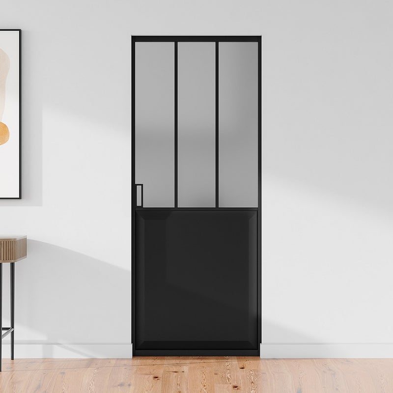 Drzwi przesuwne industrialne chowane w ścianie - Czarny i matowe szkło hartowane - wys. 205 x szer. 63 cm - ARTISTO II
