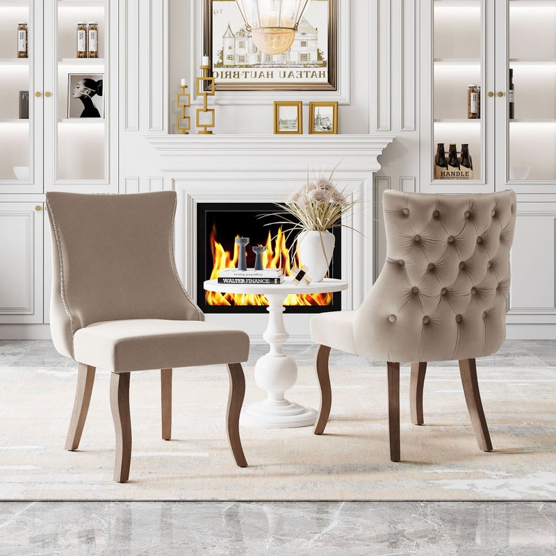 Krzesła do jadalni (krzesło do salonu z wyjątkowym przeszyciem guzikowym na oparciu, 2 sztuki), wygięte nogi z litego drewna, beżowe