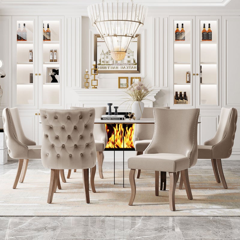 Krzesła do jadalni (krzesło do salonu z wyjątkowym przeszyciem guzików na oparciu, 6 sztuk), lite drewniane nogi o wygiętych kształtach, beżowe