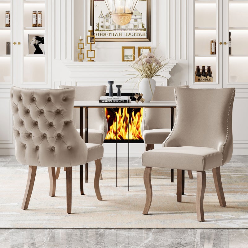 Krzesła do jadalni (krzesło do salonu z wyjątkowym przeszyciem guzików na oparciu, 4 sztuki), lite drewniane nogi o wygiętych kształtach, beżowe