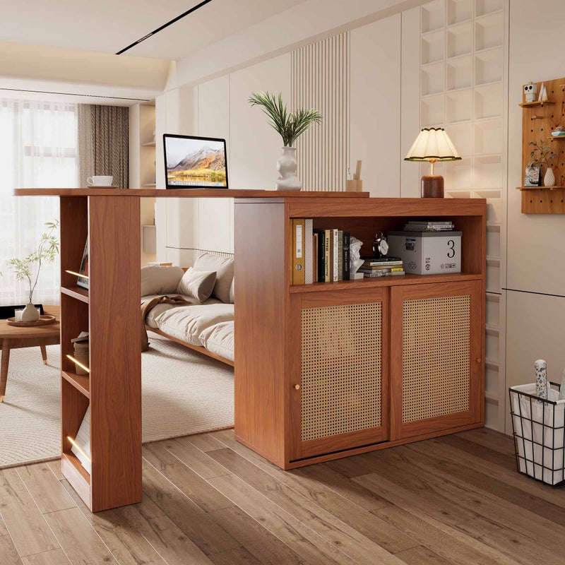 Rozkładany stół barowy ze schowkiem, rattan na drzwiach, regulowane półki, wysoki stół kuchenny (138-193 × 39 × 104 cm)