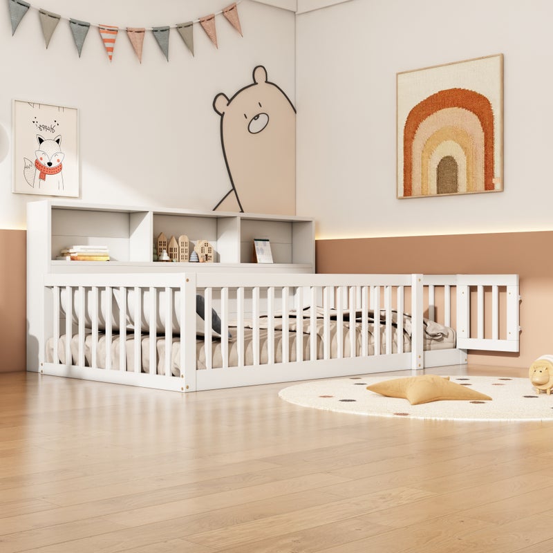 Łóżko 90 x 200 cm z drążkami i szafkami - Drewno sosnowe + Płyta MDF - Stelaż listwowy - Kolor biały (bez materaca)