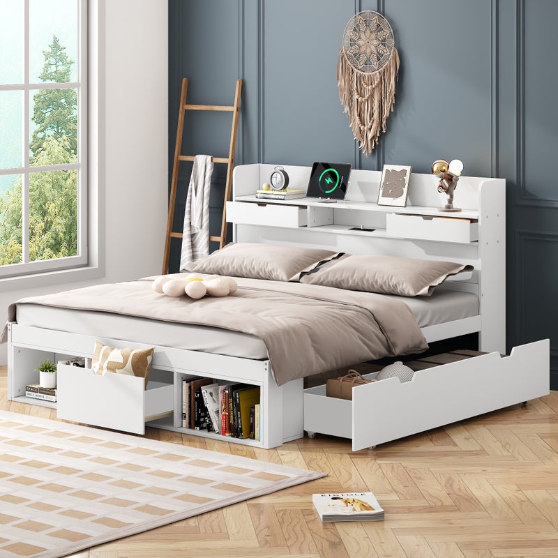 Łóżko podwójne 140 x 190 cm z zagłówkiem - port USB, szuflady i szafka - drewno sosnowe - białe (bez materaca)