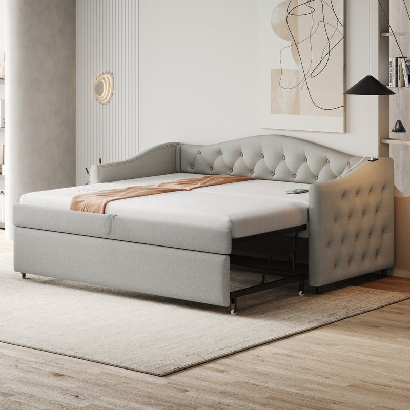 Łóżko wysuwane 90 x 200 cm z portami USB, sofa rozkładana - tkanina lniana - stelaż z listew - kolor szary (bez materaca)