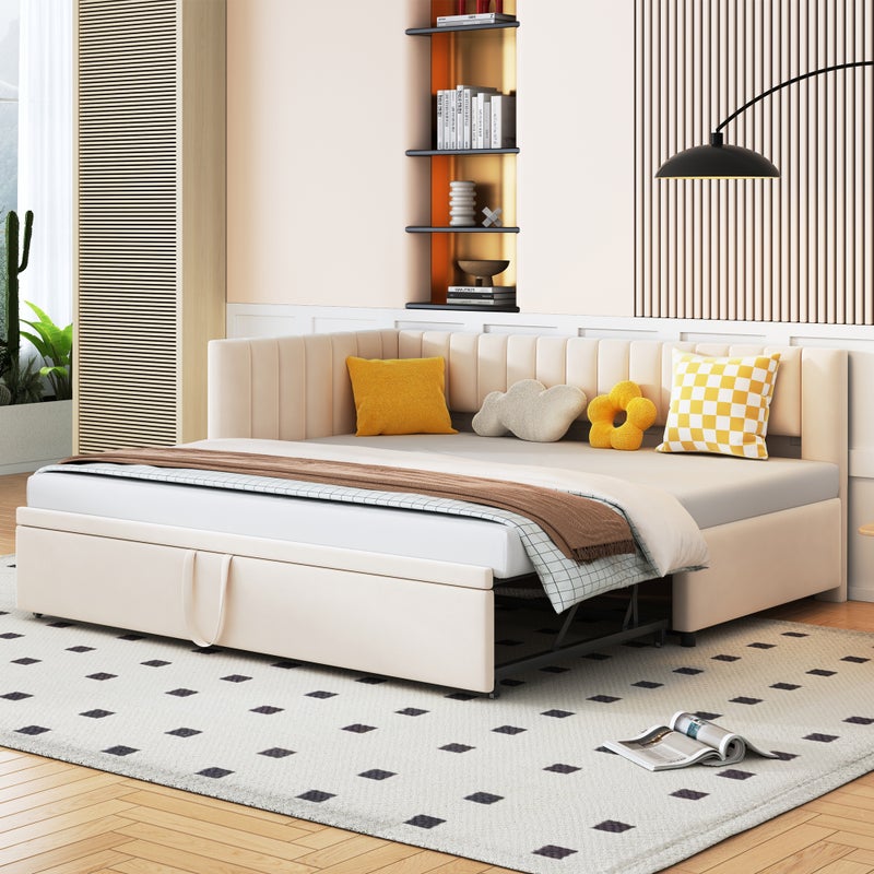 Łóżko wysuwane 90/180 x 200 cm, w kształcie litery L, rozkładana sofa - aksamitna - stelaż z listew - beżowa (bez materaca)