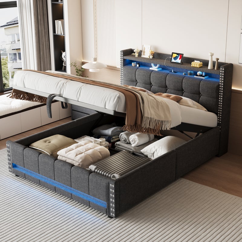 Łóżko z pojemnikiem 140 x 200 cm, zagłówkiem i półkami - LED + gniazdo USB - Tkanina lniana - Szary (bez materaca)