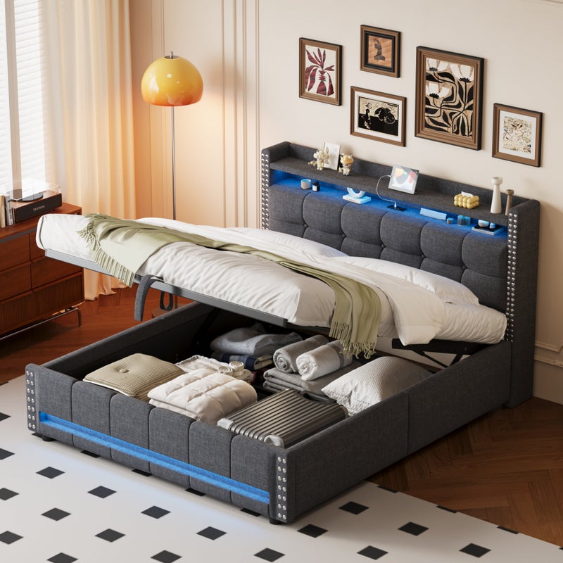 Łóżko z pojemnikiem 160 x 200 cm, zagłówkiem i półkami - LED + gniazdo USB - Tkanina lniana - Szary (bez materaca)