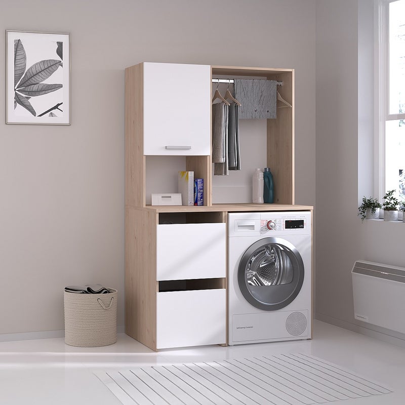 Szafka do pralni z drążkiem i szafkami - Naturalny jasny i biały - szer. 111 x wys. 184 cm - ERKANO
