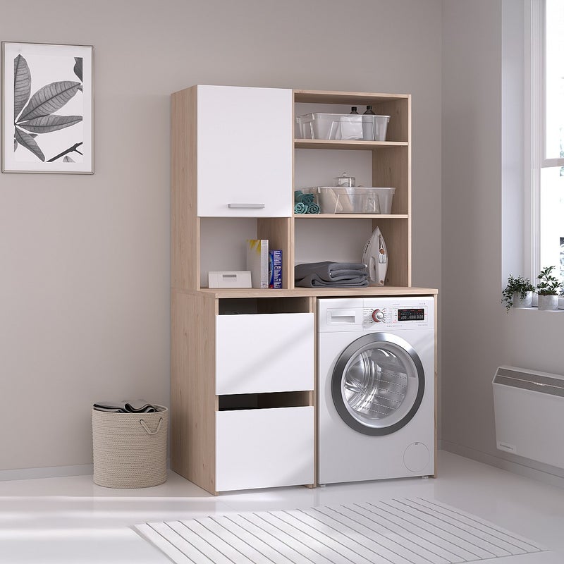 Szafka do pralni z półkami i szafkami - Naturalny jasny i biały - szer. 111 x wys. 184 cm - ERKANO
