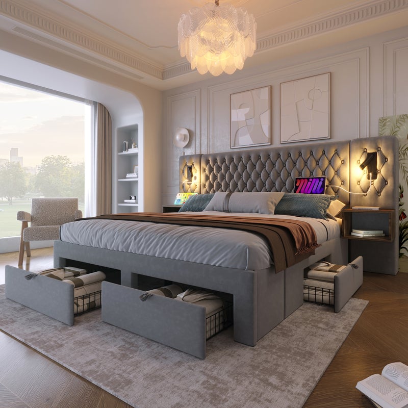 Łóżko tapicerowane 180 x 200 cm z zagłówkiem i 2 stolikami nocnymi - lampką do czytania i 4 szufladami - Aksamit - Szary (bez materaca)