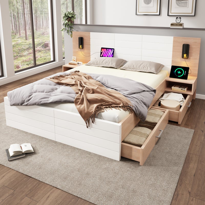 Drewniane łóżko małżeńskie 180 x 200 cm z 2 szufladami, lampką do czytania i gniazdkami USB - Drewno lite + MDF - Dąb/biały