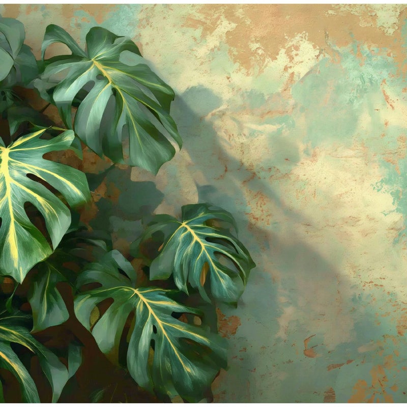 Fototapeta Liście Monstera Beton Zielony 150x105 cm Tapeta Do Sypialni Salonu Kuchni Na Flizelinie
