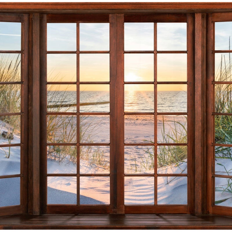 Fototapeta 3D Okno Morze Plaża Natura 200x140 cm Tapeta Do Sypialni Salonu Kuchni Na Flizelinie