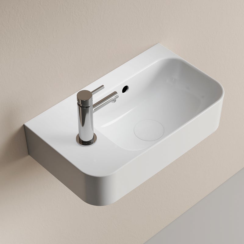 EMKE Umywalka ceramiczna 45x26,5x15,6 cm, Umywalka ścienna Compacto, lewy otwór na baterię, brylantowa biel