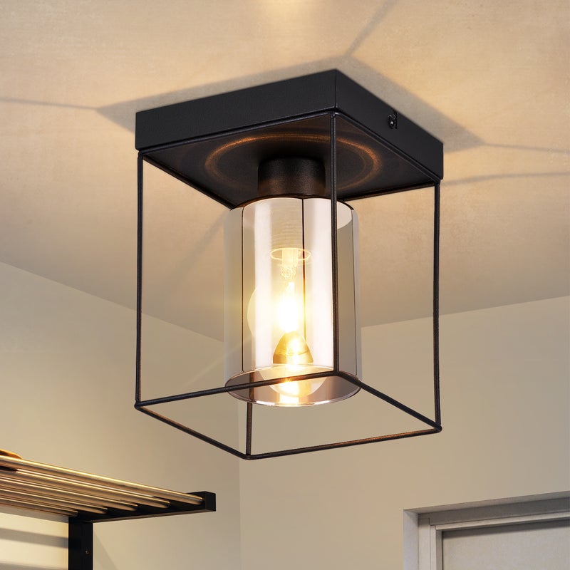 NETTLIFE Lampa sufitowa do przedpokoju Szklana lampa sufitowa 1 zabytkowa żarówka E27 z czarnym metalowym, retro industrialnym stylem