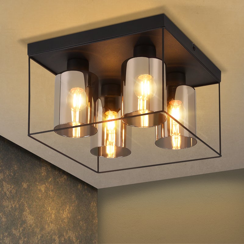 NETTLIFE Lampa sufitowa do salonu szklana lampa sufitowa 4 żarówki E27, vintage, czarny, industrialny, metalowy, retro