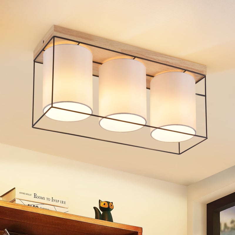 NETTLIFE Lampa sufitowa do salonu, drewniana lampa sufitowa, 3 zabytkowe żarówki E14 w industrialnym stylu retro