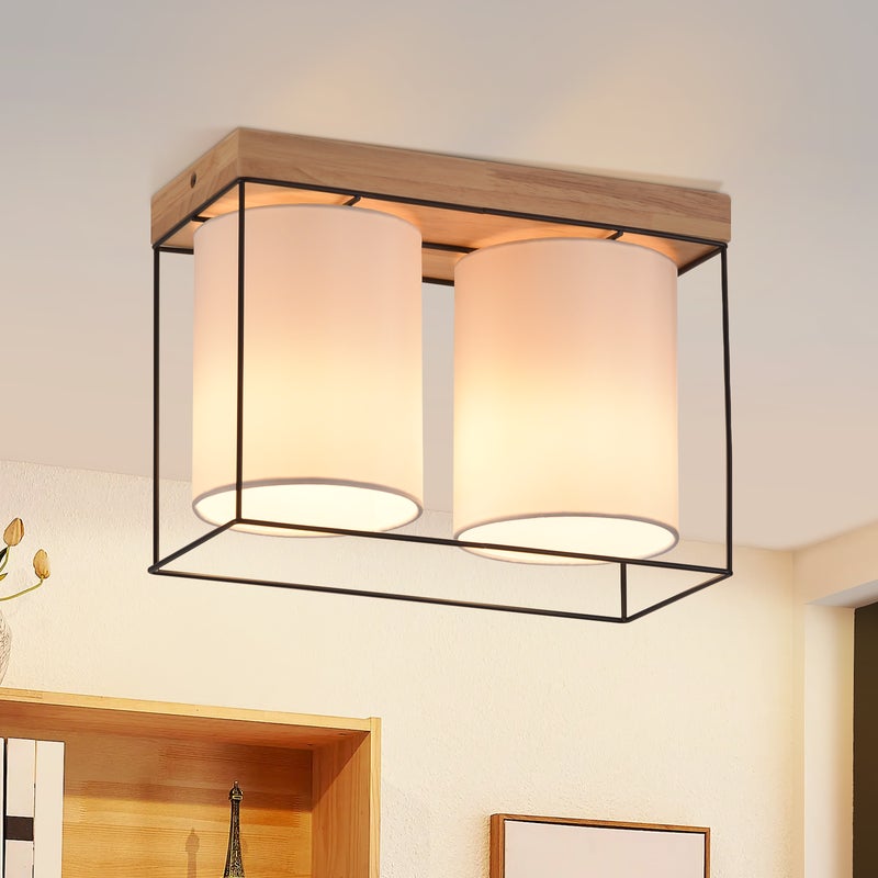 NETTLIFE Lampa sufitowa do sypialni w stylu vintage, 2 żarówki E14, drewno, industrialny styl retro