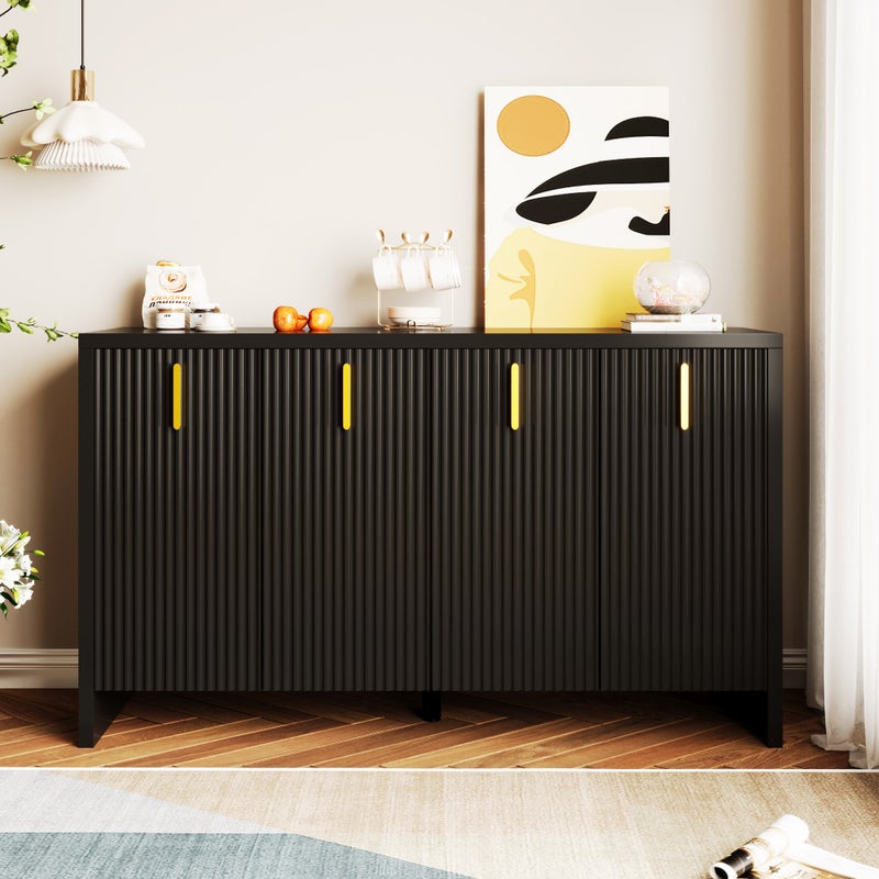Nowoczesny minimalistyczny kredens, czarny, 140*38*80 cm, czworo drzwi, ze złotymi uchwytami i regulowanymi przegrodami