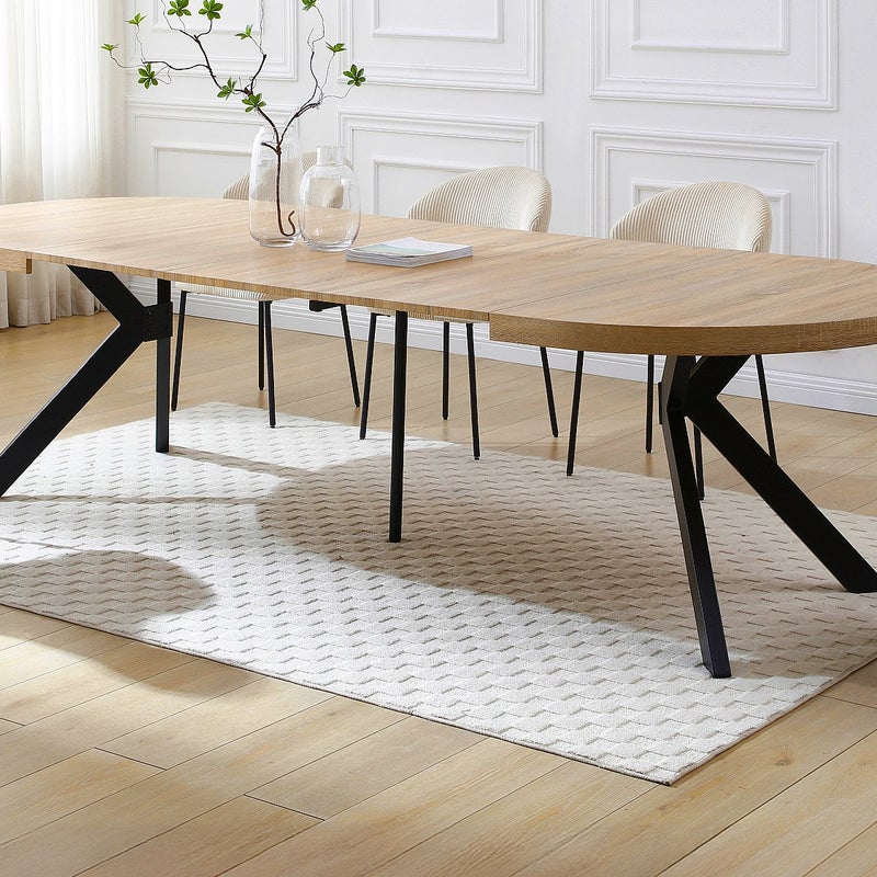 Stół do jadalni rozkładany dla 6 do 12 osób z MDF i stali - Naturalny jasny i Czarny - KOMONI