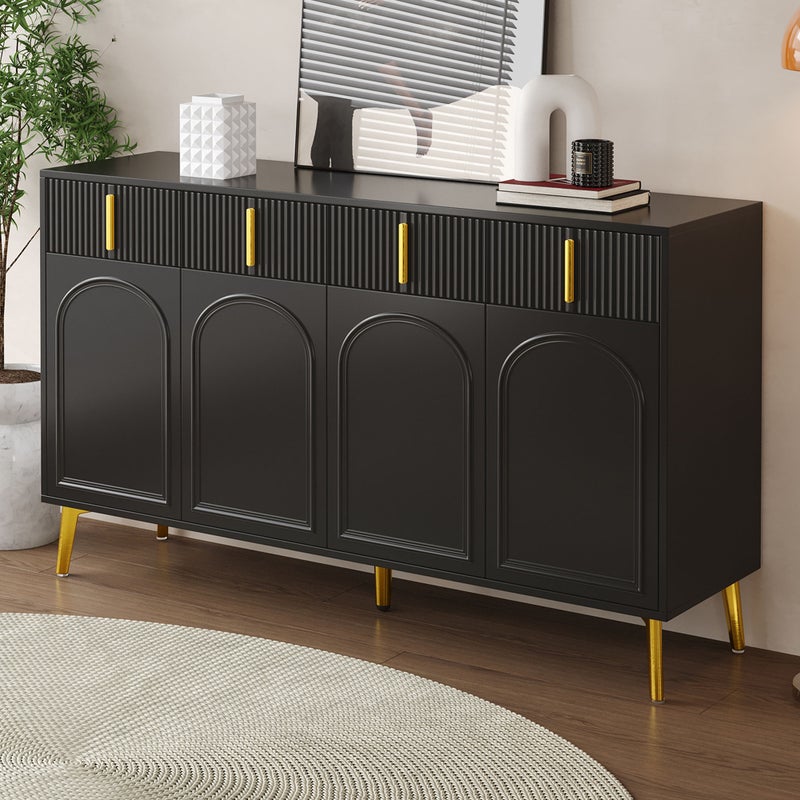 Komoda niska z 4 drzwiami i 4 szufladami - 140 x 37,8 x 82 cm - Złote uchwyty i nogi - MDF - Czarny