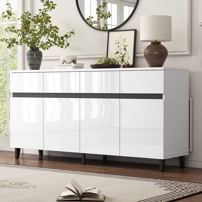 Komoda niska z 4 drzwiami i 4 szufladami - 160 x 40 x 68 cm - Płyta wiórowa - Regulowane półki - Biały połysk