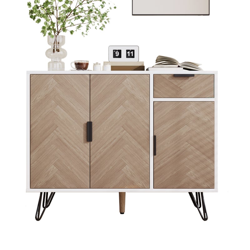 Komoda z 3 drzwiami i 1 szufladą - 90 x 30 x 71,5 cm - regulowane półki - płyta MDF i płyta wiórowa - kolor biały i drewno