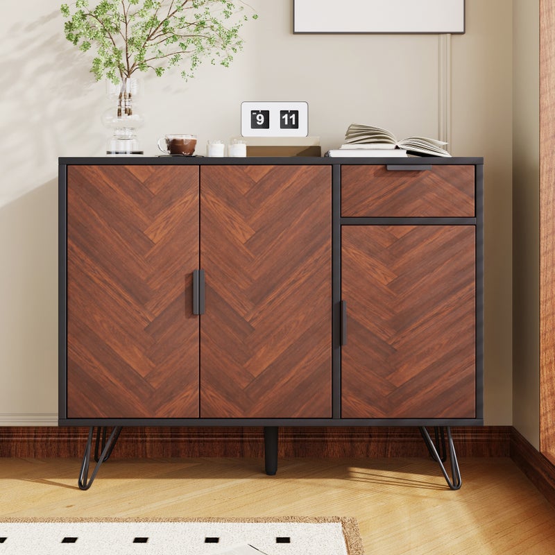 Komoda z 3 drzwiami i 1 szufladą - 90 x 30 x 71,5 cm - regulowane półki - płyta MDF i płyta wiórowa - kolor czarny i drewno