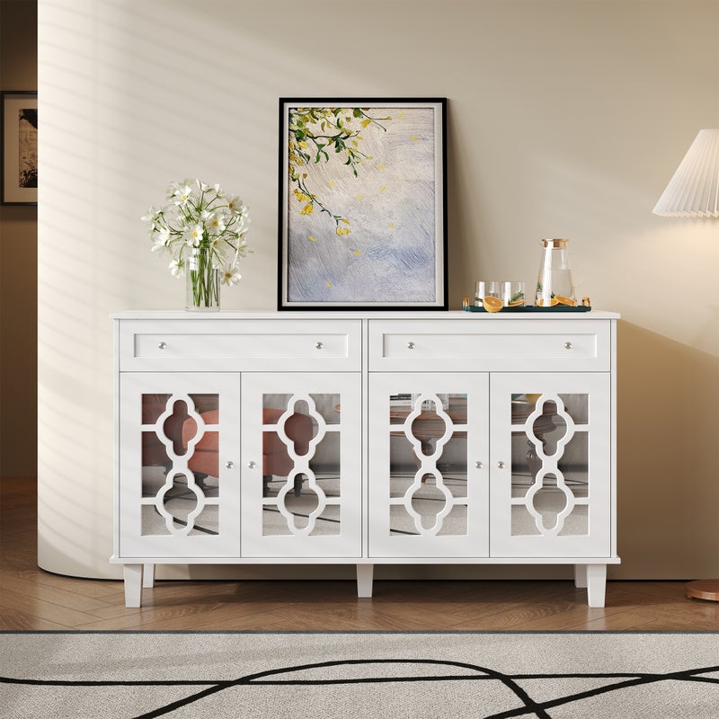 Komoda niska z 4 drzwiami i 2 szufladami - 120 x 40 x 83 cm - Regulowane półki i uchwyty kryształowe - Płyta MDF - Biała